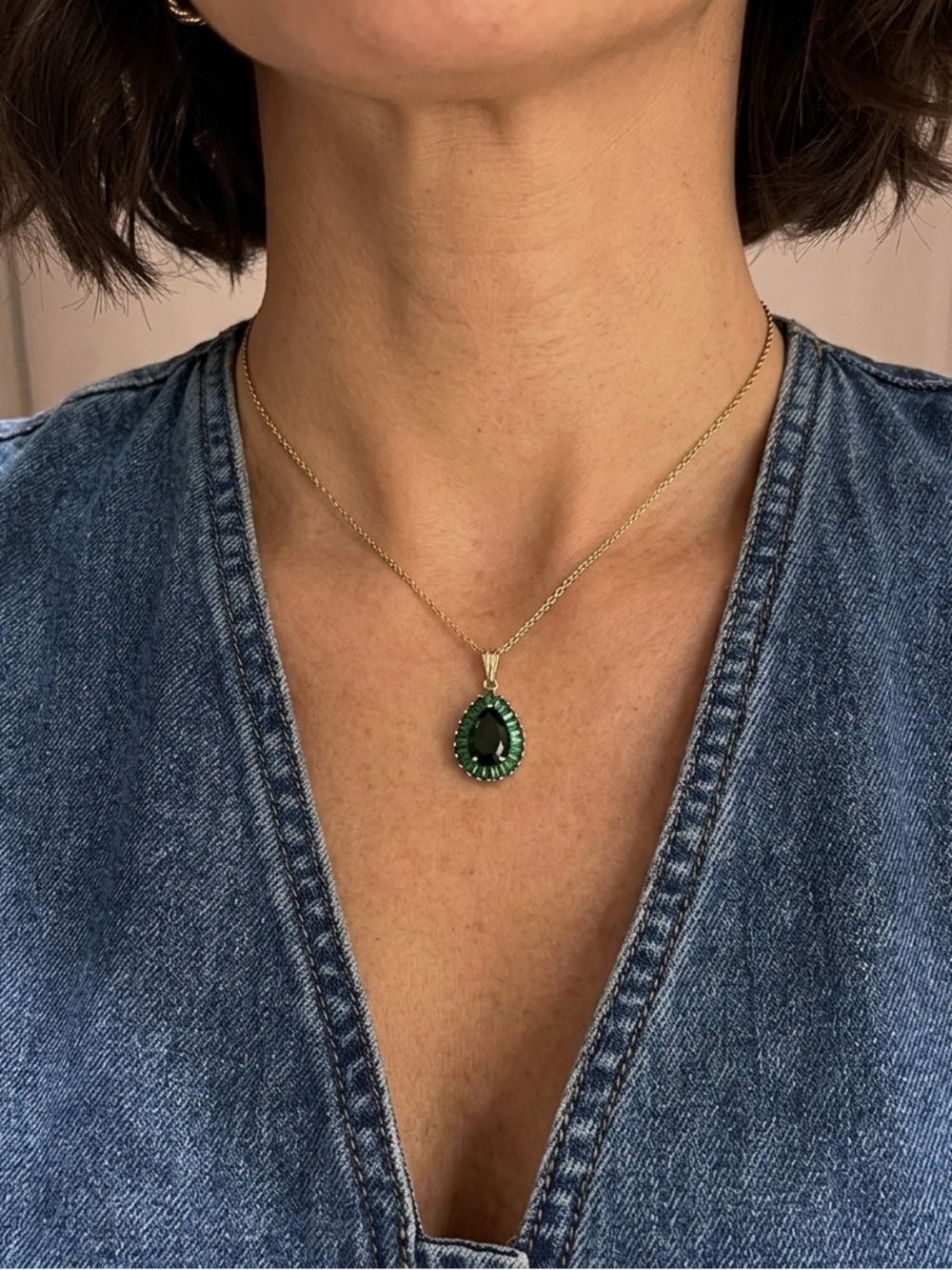 Green Drop Necklace | Cubic Zirconia Necklace | Gold Plated